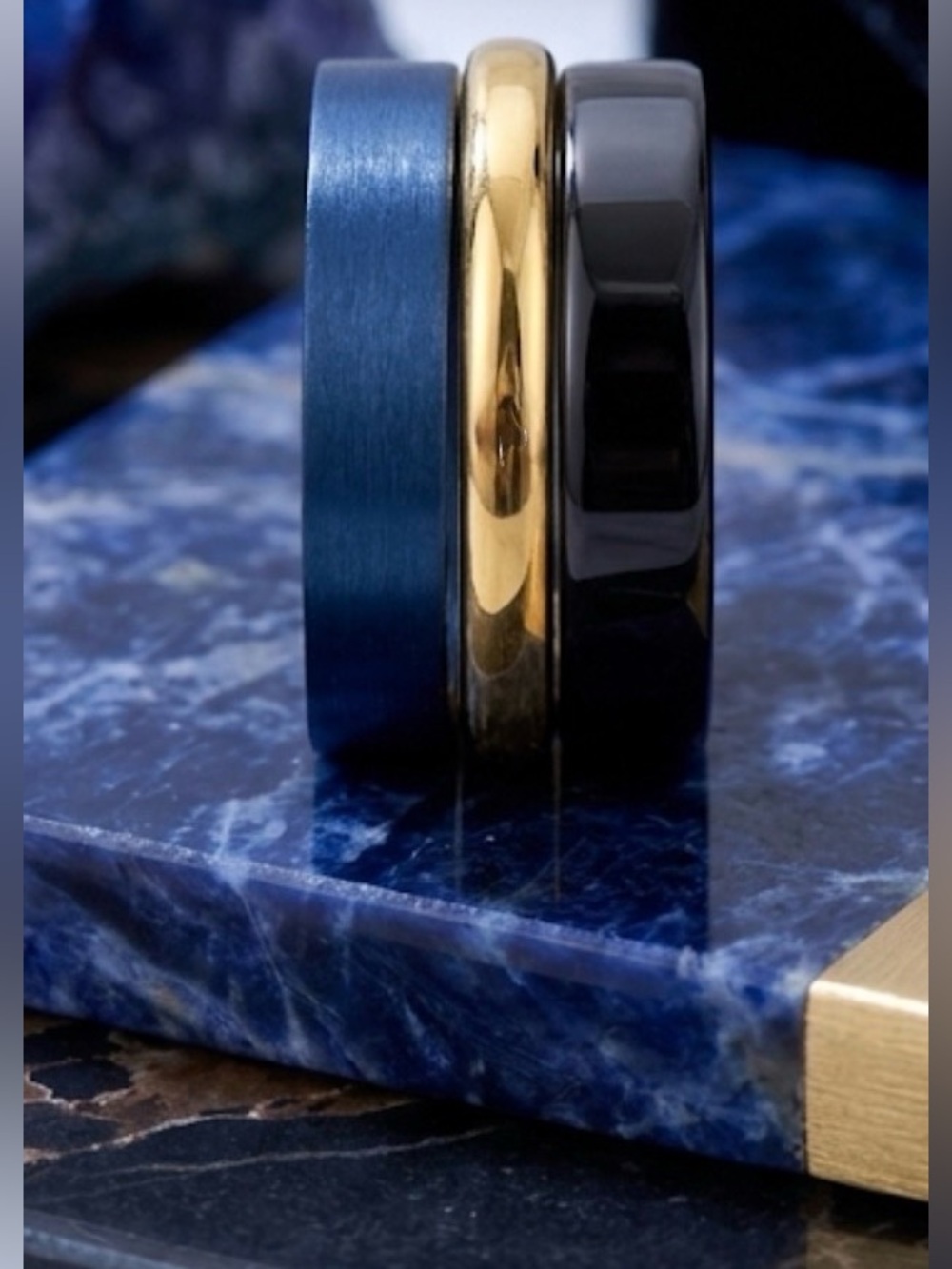 UNISEX Blue, Gold & Black Men's Stacking Rings Set - Minimal Modern Style - Picture 2 of 2